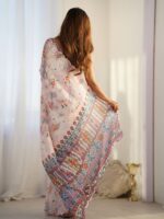 ODETTE Women Off White Chinon Printed Saree With Unstitched Blouse - Image 2