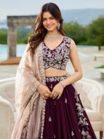 Wine Embroidered Satin Silk Beads & Stone Ready To Wear Lehenga Choli With Dupatta - Image 2