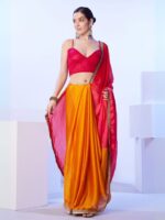ODETTE Odette Mustard And Pink Satin Lace Work Saree With Unstitched Blouse For Women - Image 3