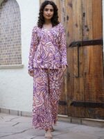 Printed Pure Cotton V-Neck Top With Flared Trouser