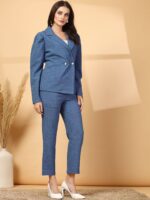 Blue Lapel Collar Long Sleeves Pure Cotton Blazer With Trouser - Image 4