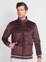 Striped Mock Collar Long Sleeve Zip Detail Bomber Jacket