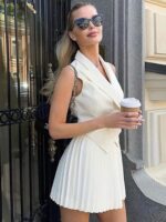 White Sleeveless Double-Breasted Vest & Accordion Pleat Mini Skirt Co-ord Set - Image 3