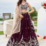 Wine Embroidered Satin Silk Beads & Stone Ready To Wear Lehenga Choli With Dupatta