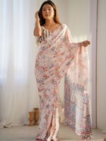 ODETTE Women Off White Chinon Printed Saree With Unstitched Blouse