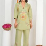 Embroidered Lapel Collar Tunic With Trouser Co-Ords