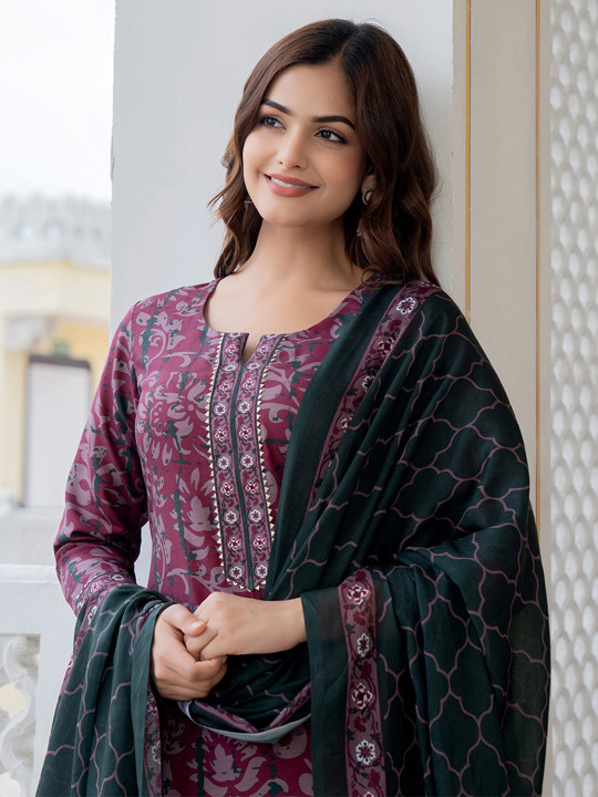 Floral Printed Notch Neck Straight Kurta With Trousers & Dupatta