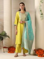 Women Liva Lemon Yellow Embroidered Kurta Comfort Pant Jacquard Dupatta