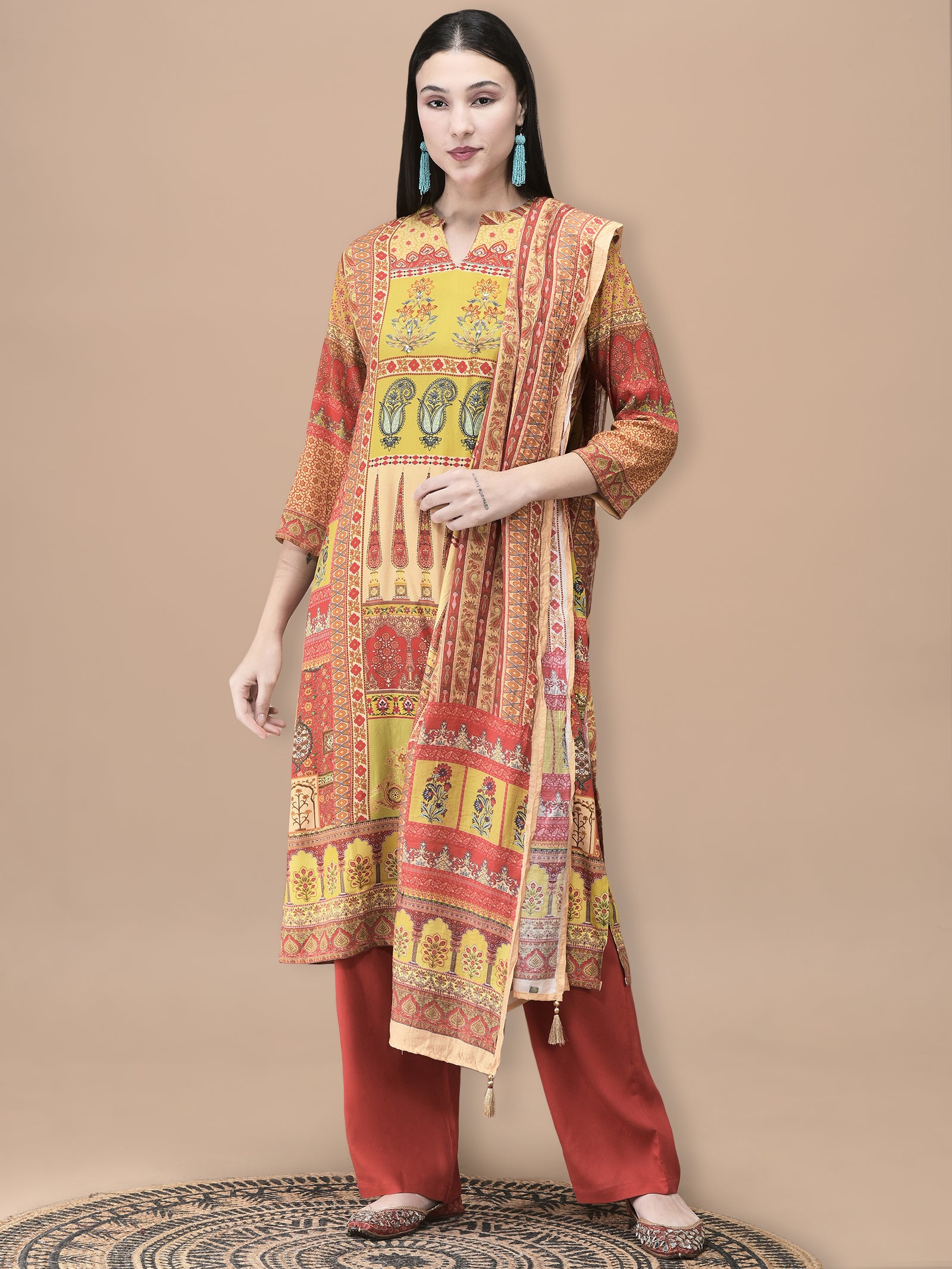 Women Liva Mustard Mughal Print Kurta Comfort Pant Dupatta