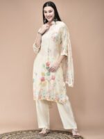 Women Muslin Cream Placement Print Kurta Comfort Pant Dupatta