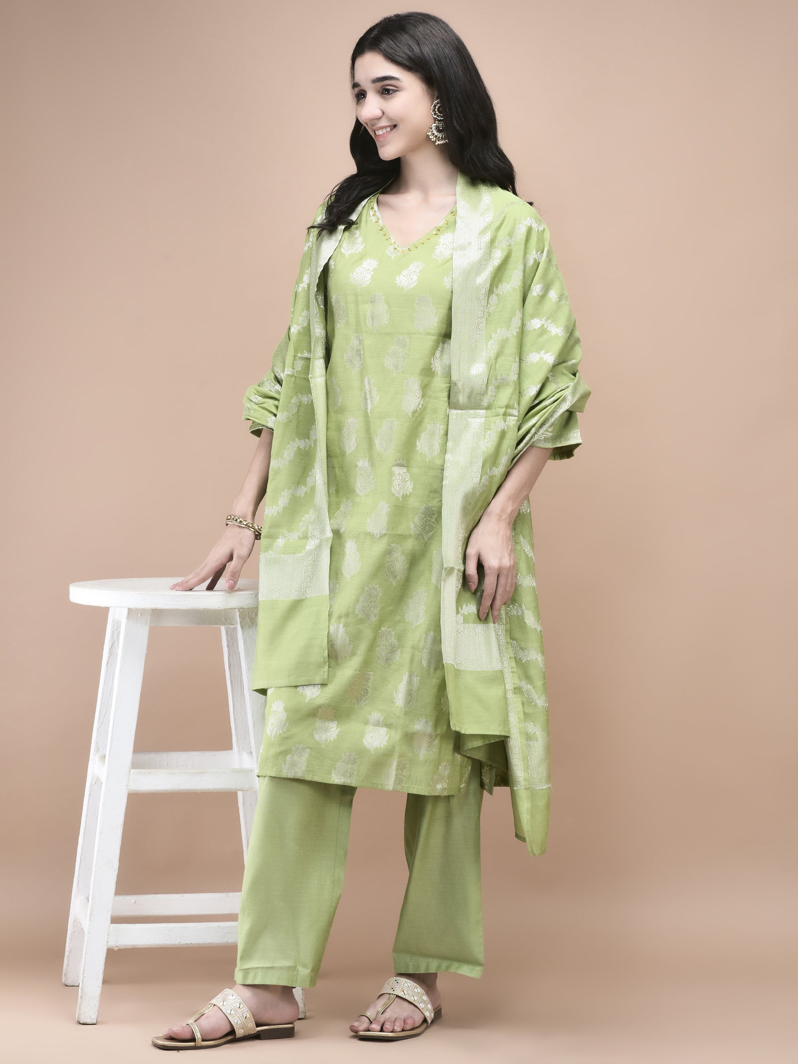 Women Cotton Jacquard Green Woven Kurta Comfort Pant Dupatta