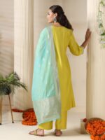 Women Liva Lemon Yellow Embroidered Kurta Comfort Pant Jacquard Dupatta - Image 2